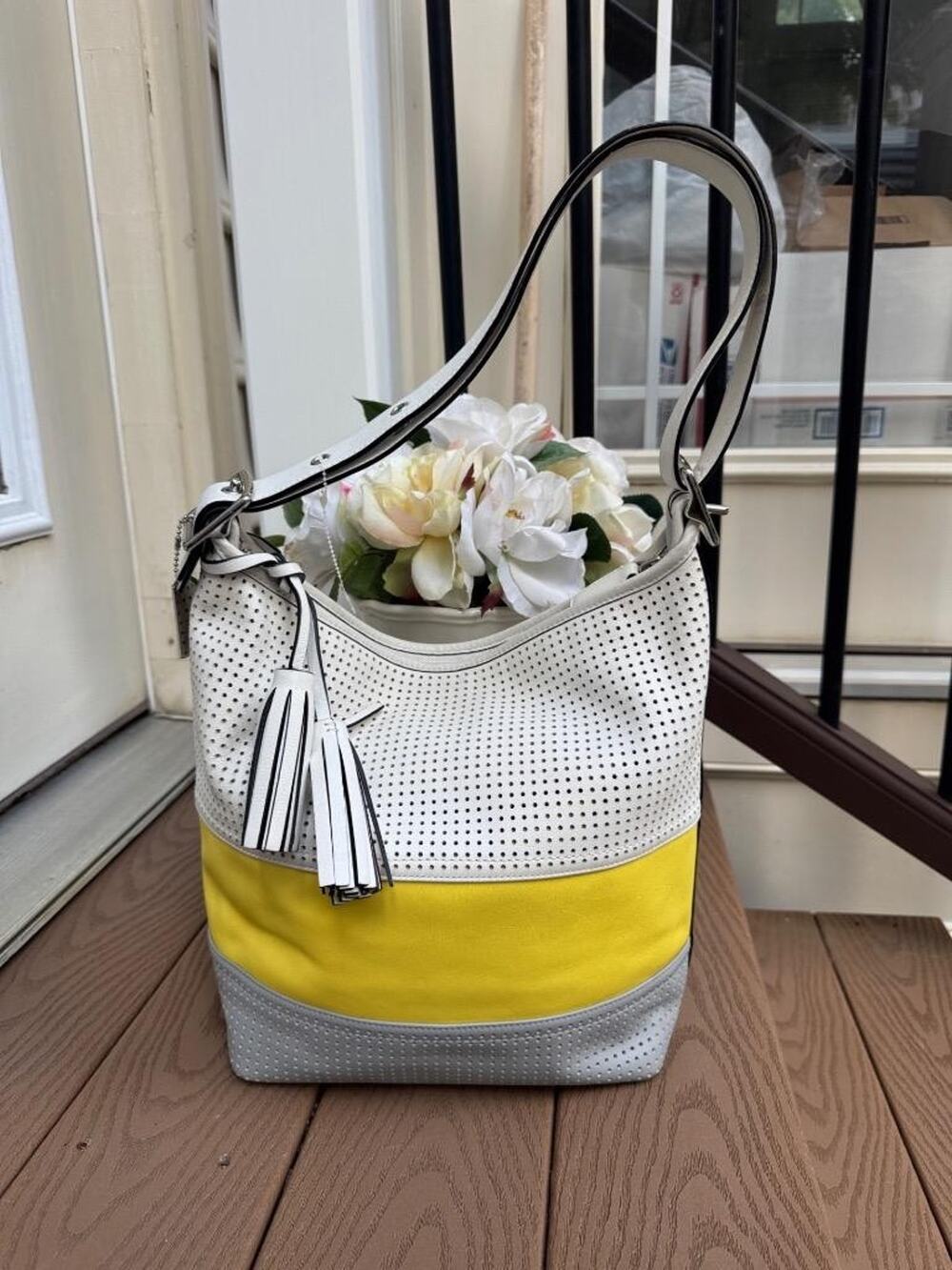 Coach Legacy Perforated Stripe Duffle Convertible Bag 22412 lemon multi (220 - Picture 1 of 11
